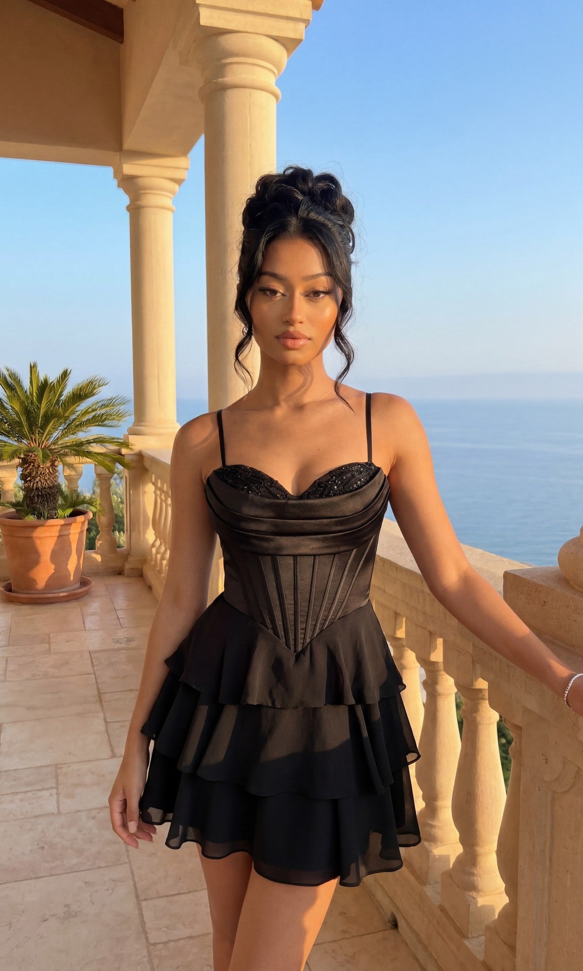 A woman wearing the Ruffled Mini Hoco Dress: Blondie Nites 6222BN in black stands on a stone balcony with columns, overlooking the ocean and a potted palm plant.